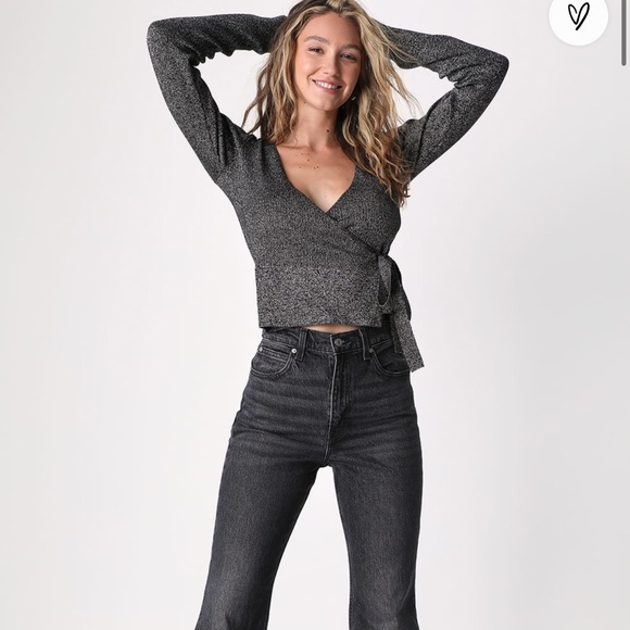 Lulu’s Black and Silver Lure Wrap Sweater Top Medium - Picture 3 of 8